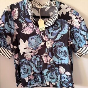 JODIFL Navy Floral Puff-Sleeve Blouse with Striped Trim